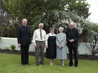 Months Mind Mass for Fr J O'Brien, Achill, July 1984. . - Lyons0017714.jpg  Months Mind Mass for Fr J O'Brien, Achill, July 1984. Included in this photo are Archbishop J Cunnane Archbishop of Tuam at left; third from the left Phil McHugh and her husband Peadar; a religious sister and priest on the occasion of the month's mind mass for Fr J O'Brien, Bunnacurry, Achill. : 19840703 Months Mind Mass for Fr J O'Brien.tif, Achill, Lyons collection