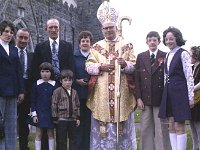 Confirmation at Balla Church, May 1976 - Lyons0016603.jpg  Confirmation at Balla Church, May 1976.  A Balla family with Archbishop Cunnane. At right the brother and sister who were confirmed. : 1976 Misc, 19760505 Confirmation at Balla Church 3.tif, Lyons collection