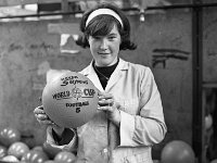 Mayco plastic footballs.  Ballina October 1966. - Lyons0017150.jpg  Young lady showing one of the Mayco plastic footballs.  Ballina October 1966. : 19661020 Roving Camera in Ballina 2.tif, Ballina, Lyons collection, Roving Camera