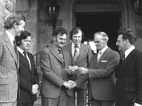 Ballinrobe Races, June 1976.. - Lyons0017050.jpg  At the presentation Frank Fitzgerald solicitor Ballinrobe; next Assistant Manager Ulster Bank Ballinrobe; Jim O' Donnell Manager Ulster Bank presenting the cheque. Next Dermot O' Connor, Ballinrobe Race Committee; Barney Daly Chairman receiving the cheque and john Daly, Lough Mask Stud Race Committee. Ballinrobe Races, June 1976. : 1976 Misc, 19760603 Ballinrobe Races 2.tif, Ballinrobe, Lyons collection