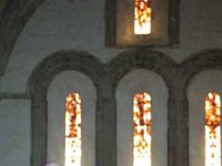 Ballintubber Abbey, August 1994. Archbishop Joseph Cassidy addressing the congregation. - Lyons Ballintubber Abbey-113.jpg  Ballintubber Abbey, August 1994. Archbishop Joseph Cassidy addressing the congregation to a sunlight background of most impressive French Loire windows. : 19940810 President Robinson opens Chapter House 9.tif, Ballintubber Abbey, Lyons collection