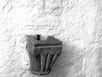 Stone carved holy water font in Ballintubber Abbey, November 1969. - Lyons Ballintubber Abbey-32.jpg  Stone carved holy water font in Ballintubber Abbey, November 1969. : 19691128 10.tif, 19691128 Holy Water Font 10.tif, Ballintubber Abbey, Lyons collection