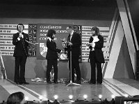 Castlebar International song Contest, 1973 - Lyons0005499.jpg  Castlebar Song Contest 1973.  Sean Horkan, President of Castlebar Chamber of Commerce, making a presentation to Daire Doyle and Mike Swan of the Memories. : Castlebar Song Contest, Doyle, Horkan, Swan
