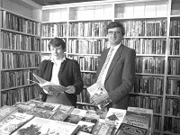 Castlebar library, October 1987 - Lyons0012396.jpg  Assistant librarian Mary Gannon with Mayo County librarian Pat McMahon,  Castlebar library, October 1987. : 198710 Mayo Mobile County Library 9.tif, Castlebar, Farmers Journal, Lyons collection