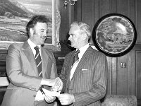 Press Conference in Ashford Castle, Cong, April 1980. - Lyons0018747.jpg  Press Conference in Ashford Castle, Cong, April 1980. Jim O' Donnell Manager of Ulster Bank, Ballinrobe presenting his sponsorship cheque to Barney Daly, Treasurer Ballinrobe Races. : 1980 Misc, 19800409 Press Conference in Ashford Castle 1.tif, Cong, Lyons collection