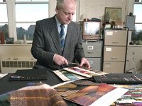 Selecting designs in the Foxford Woolen Mills - Lyons Collection Foxford Woollen Mills-28.jpg  Head Fabric Designer Ivars Zauers selecting designs in the Foxford Woolen Mills, March 1983 : 19830310 Foxford Woolen Mills 7.tif, Foxford Woolen Mills, Lyons collection