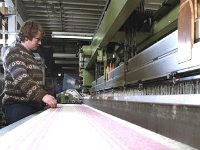 Blankets in the making in the Foxford Woollen Mills, - Lyons Collection Foxford Woollen Mills-32.jpg  Blankets in the making in the Foxford Woollen Mills. Anne Madden weaving a traditional Foxford blanket, March 1983 : 19830310 Foxford Woolen Mills 10.tif, Foxford Woolen Mills, Lyons collection