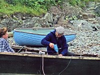 Inishturk: John Joe O' Toole boat builder - Lyons0008892.jpg  Inishturk: John Joe O' Toole boat builder working on a currach and being filmed for an island life documentary. (Neg 20A 21) : 198706 Inish Turk 4.tif, Inish Turk, Lyons collection