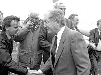 Inishturk: switching on of electricity supply. - Lyons0008945.jpg  Inishturk: Fine Gael Cllr Patrick Durcan welcoming Charles Haughey while Mr Haughey looks elsewhere. Martin Joe O' Toole Fianna Fail looks on. (Neg 17A 18) : 19870704 Inishturk 12.tif, Inish Turk, Lyons collection