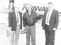 Ireland West/Knock Airport, 1987. - Lyons00-20827.jpg  Centre Denis Taylor World Champion snooker player arriving at Knock Airport. At left Jim Ryan Airport Manager. : 198710 Denis Taylor arriving at the airport.tif, Knock Airport, Lyons collection