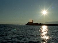 Inisgort lighthouse., 1989. - Lyons00-20912.jpg  Inisgort lighthouse sunset and at left the Dorinish navigation mark : 198907 Inisgort Lighthouse & Dorinish navigation mark.tif, Light Houses, Lyons collection