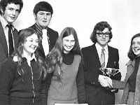 Louisburgh debating team Sancta Maria Secondary School, March 1974. - Lyons0018386.jpg  Mrs Phil Chambers presenting the Cup to Louisburgh debating team Sancta Maria Secondary School, March 1974. : 1940328 Public Speaking Competition Final in the Town Hall Louisburgh.tif, 1974 Misc, 19740328 Public Speaking Competition Final in the Town Hall Louisburgh.tif, Louisburgh, Lyons collection