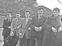 Young Westport men, 1955. - Lyons0013650.jpg  Young Westport men, 1955. L to R : Ollie Walsh, John Mc Nally, Teddy Moran, Frank Hastings & Austin Foley. : 1955 Misc, 1955 Young Westport men.tif, Lyons collection, Westport