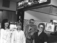 Wimpy, Castlebar St. Westport, July 1980 - Lyons0014079.jpg  Bill and Mamie O' Connell and two assistants in the Wimpy, Castlebar St. Westport, July 1980 : 198007 Wimpys' Restaurant.tif, Lyons collection, Westport
