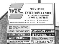 Westport Enterprise Centre, September 1984. - Lyons0014147.jpg  Westport Enterprise Centre, September 1984.  New sign which was sited in the old Irish Sewing Cotton Company. : 198409 Westport Enterprise Centre.tif, Lyons collection, Westport