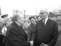 Opening of the Mc Bride Home in St Mary's Crescent Westport, December 1974 - Lyons0014900.jpg  Opening of the Mc Bride Home in St Mary's Crescent Westport, December 1974 and mass afterwards in St Mary's Church. Mayo County surgeon Patrick Bresnan greeting Sean Mc Bride SC. At right Dr Meryn Clarke County radiologist. : 19741230 Opening of the Mc Bride Home 10.tif, Lyons collection, Westport