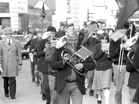 St Patrick's day parade, Westport, March 1985.  . - Lyons0015277.jpg  St Patrick's day parade, Westport, March 1985.   Westport town band. Front centre the " late Jackie Foley ". : 19850317 St Patrick's Day 9.tif, Lyons collection, Westport