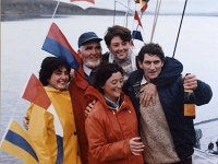 James and Elaine Cahill after sailing to the US arriving back in Rossmoney, May1988. - Lyons0015494.jpg  James and Elaine Cahill after sailing to the US arriving back in Rossmoney, May 1988.  The crew here are joined by world famous international sailor Jarlath Cunnane. : 19880520 James and Elaine Cahill after sailing to the US arrivin, 19880520 James and Elaine Cahill after sailing to the US arriving back in Rossmoney 2.tif, Farmers Journal, Lyons collection, Westport