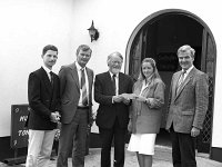 Presentation to Westport Tourism, August 1989. - Lyons0015571.jpg  Willie Cronin, Area Manager ESB, Castlebar presenting a cheque for £300 to Westport Tourism for their promotional work. At left Michael O' Donnell Chairman Westport Tourist Office Committee; Tony O' Keefe Chairman Westport Tourist Office; Maireaid Bourke, Treasurer Westport Tourist Office and Sean Staunton PRO Westport Tourism Organisation. August 1989. : 19890803 Presentation to Westport Tourism.tif, Lyons collection, Westport
