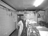 Noreen Carter in her butcher's shop on Bridge St. Westport, March 1990. - Lyons0015633.jpg  Noreen Carter in her butcher's shop on Bridge St. Westport, March 1990. : 19900310 Noreen Carter.tif, Lyons collection, Westport