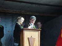 St Patrick's day parade, Westport, 1999. - Lyons0016092.jpg  St Patrick's day parade, Westport, 1999.  Ollie Gannon speaking at the parade. At right Marie Crowley. : 19990317 St Patrick's Day Parade 1.tif, Lyons collection, Westport