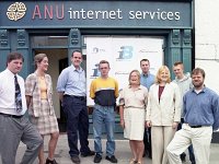 Staff of ANU Internet, Westport, August 1999. - Lyons0016124.jpg  Staff of ANU Internet which was opened in Westport, August 1999. Centre local lady Ann bracken who worked in the office. : 19990803 ANU Internet.tif, Lyons collection, Westport