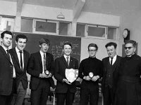 Debate winners in Westport CBS on road safety - Lyons0001138.jpg  Debate winners in Westport CBS on road safety. Debate title "Road Safety"  sponsored by Westport UDC. Left : Michael Gormally (acting Town Clerk), at right Brother Manning Superior Westport CBS. Original folder, 1968 Misc : Brother Manning, Debating, Michael Gormally