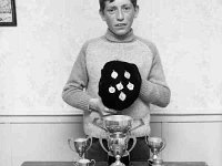 Val Moran Champion Horseman with his cups & medals - Lyons0001141.jpg  Val Moran Champion Horseman with his cups & medals. Mill St, Westport. Original folder, 1968 Misc : Horseman, Val Moran