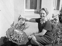 Mrs Nora Sweeney with gramaphone horn as flower pot - Lyons0001356.jpg  Mrs Nora Sweeney with gramaphone horn as flower pot. Photo taken for Frank Hall's Pictorial weekly RTE. : Sweeney