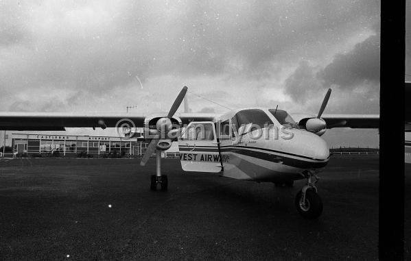 Ireland West Airways twin-engined AZTEC plane at Castlebar Airport, October 1970