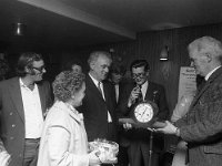 Presentation to Josie Keane - Lyons0003154.jpg  Josie Keane's retirement from CIE, Westport. In centre of picture with microphone Brendan Bolster station master; Danny Mc Keon, at right presenting a clock on behalf of the clerical  staff and a cut glass bowl to Mrs Keane. : Keane