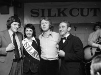 Gallagher's Silk Cut Sing to Success Competition - Lyons0003218.jpg  Gallagher's Silk Cut Sing to Success Competition. Second from the right the contestant. At right John Moore, Westport MC and at left Silk Cut personnel. : Ballinrobe Races, Moore