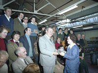 Presentation to Owen Hughes - Lyons0004392.jpg  Mr Owen Hughes Chairman of the Board of the Irish Sewing Company receiving a presentation on behalf of the staff. Seated left to Mr Owen Hughes is Mr Jeff O' Malley Board member of the Irish Sewing Cotton Company. : Hughes, Irish Sewing Cotton Company, O'Malley