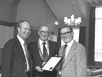 Presentation to Gar Golden - Lyons0004772.jpg  Mr Eugene Mc Kenna Mayor of Westport Connecticut presenting a framed scroll from his office in Connecticut to Gar Golden Chairman Westport UDC. At right Cllr Mickie Cavanaugh Westport and formerly of Philadelphia USA. (Neg 5A) : Golden