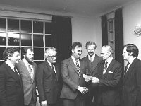 Ulster Bank Presentation - Lyons0004824.jpg  Ulster Bank Presentation to Ballinrobe Race committee. L-R : John Daly, Lough Mask stud; Dermot O' Connor; Billy Horan; Jimmy O' Donnell, Manager of the Ulster Bank, Ballinrobe; Frank Fitzgerald, solicitor Ballinrobe; Barney Daly, Chairman Ballinrobe Race Committee and Ulster Bank Assistant Manager. (Neg 9)