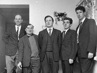 Connaught Telegraph Staff, 1966 - Lyons0006147.jpg  Connaught Telegraph Staff In the Travellers Friend Hotel. 1966.   Left to right   Ivan Neill (Sports Reporter), Bernie Gillespee (Reporter), John Mc Hale (News Editor), Denis Caughlan (Reporter), Sean Rice (Reporter). : 19661222 Connaught Telegraph Staff 1.tif, Functions 1966, Lyons collection