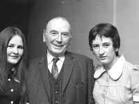 Westport Post Office Dinner, 1973. - Lyons0007525.jpg  Mr Paddy Gibbons, Post Master, Newfield sub-office. At left his neice Marion Kelly and at right his daughter Marion. Westport Post Office Dinner, 1973. : 19730121 Westport Post Office Dinner 1.tif, Functions 1973, Lyons collection