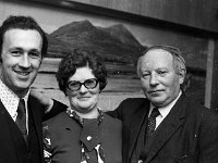 Sligo Mens' Association Dinner, 1973. - Lyons0007595.jpg  Sligo football star Mickey Kearns with Mrs Clarke and Mattie Clarke.  Sligo Mens' Association Dinner, 1973. : 19730216 Sligo Mens' Association Dinner 1.tif, Functions 1973, In Clew Bay Hotel, Lyons collection