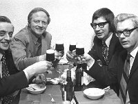 Reception in Jury's Hotel for British Journalists , 1973. - Lyons0007640.jpg  Four of the visiting British journalists sampling the Irish coffees in Jurys. Reception in Jury's Hotel for British Journalists , 1973. : 19730310 Reception in Jury's Hotel for British Journalists 3.tif, Functions 1973, Lyons collection