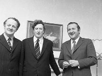 Castlebar Junior Chamber Dinner in Breaffy House, 1973. - Lyons0007660.jpg  Myles Staunton TD, Westport; Taoiseach Garret Fitzgerald and John Garavan. Castlebar Junior Chamber Dinner in Breaffy House, 1973. : 19730504 Castlebar Junior Chamber Dinner in Breaffy House 8.tif, Functions 1973, Lyons collection