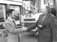 Irish Press Photo 1975 - Lyons00-21497.jpg  The Manager of the Great Southren Hotel Mulranny greeting a tourist on the CIE tour bus. : 19750510 Terry O' Sullivan in Mulranny 9.tif, Irish Press, Lyons collection